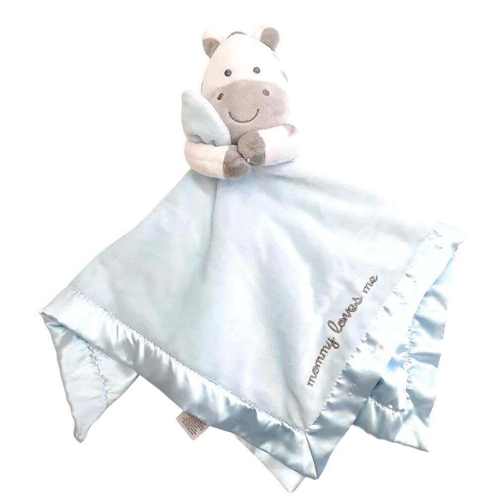Carters Zebra Mommy Loves Me Baby Blanket Lovey Blue Satin Comfort Soother